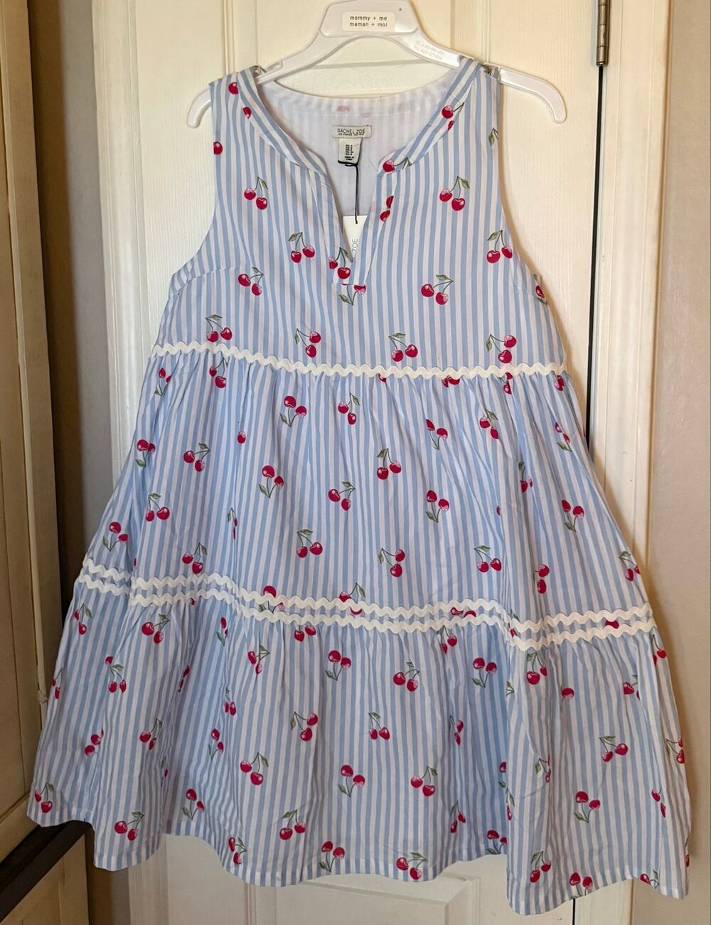 Rachel Zoe Cherry Print Striped Tiered Dress Size 4 NWT Blue White Ric Rac